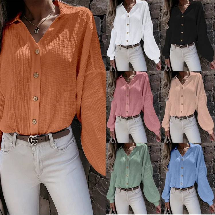 

New Arrival Ladies Elegant Casual Shirts Puff Sleeve V Neck Autumn Women Office Blouse, Customized color