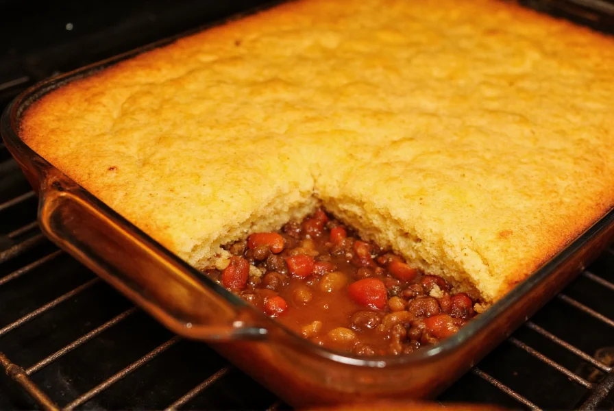 Chili casserole with cornbread topping fresh from oven showing golden crust and bubbling chili edges