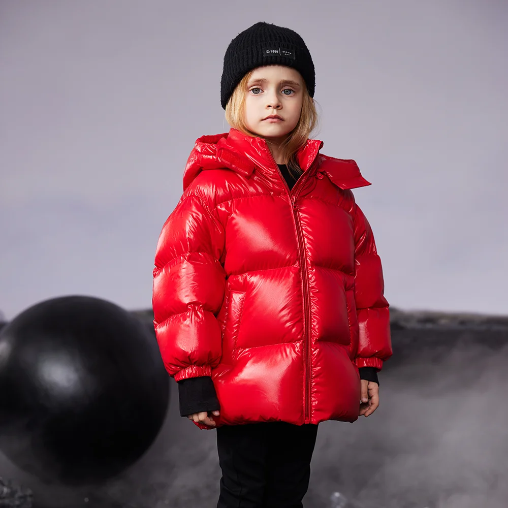 Unisex Glittering Winter Jacket Coat for Children Waterproof Long Nylon Plus Size Clothing Zipper Closure Solid Print Design