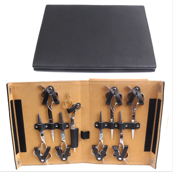 

Eight-piece hairdressing pet scissors tool bag clutch bag folding leather scissors bag, Brown black