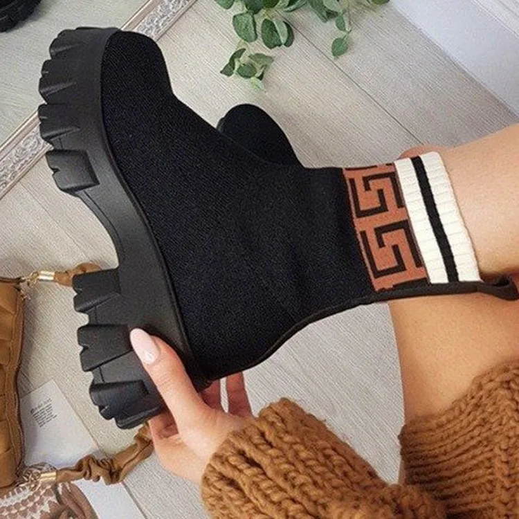 

Breathable Knitted Socks Boots Thick Heel Women Short Tube Plus Size Martin Boots