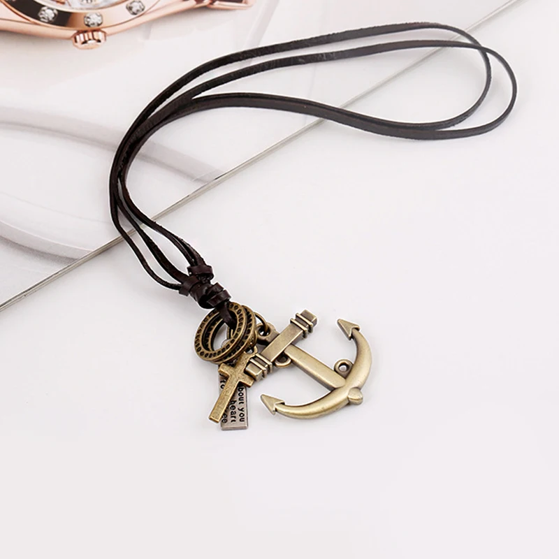 

Amazon New Cowhide Necklace Anchor Men And Women Long Leather Necklace