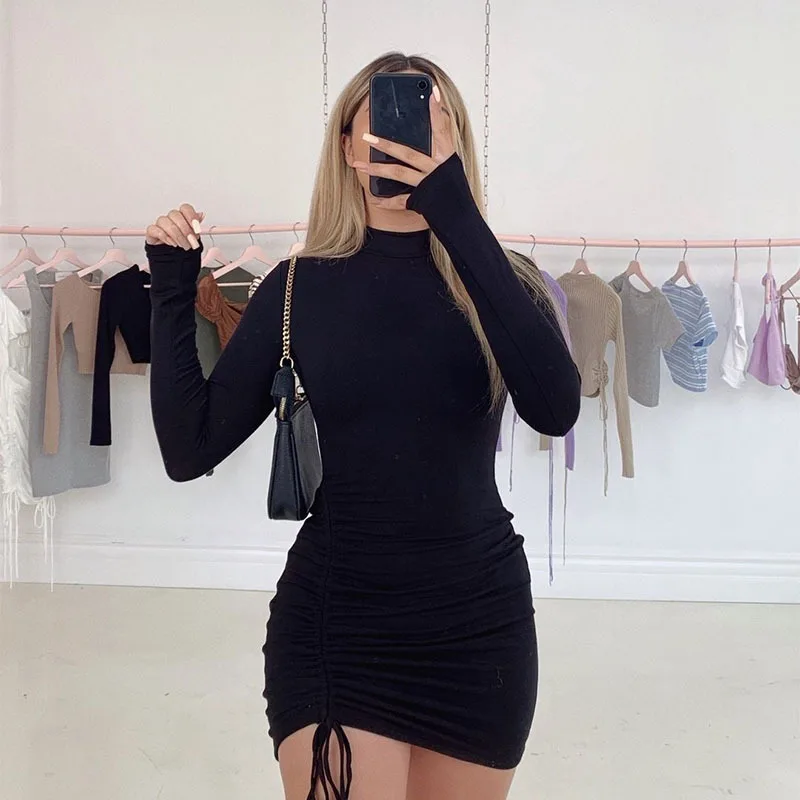

Sexy Ruched Bodycon Mini Dress Ladies Clothes Fall Long Sleeve Draped Tight Dresses Women Party Night C14029, Can follow customers' requirements