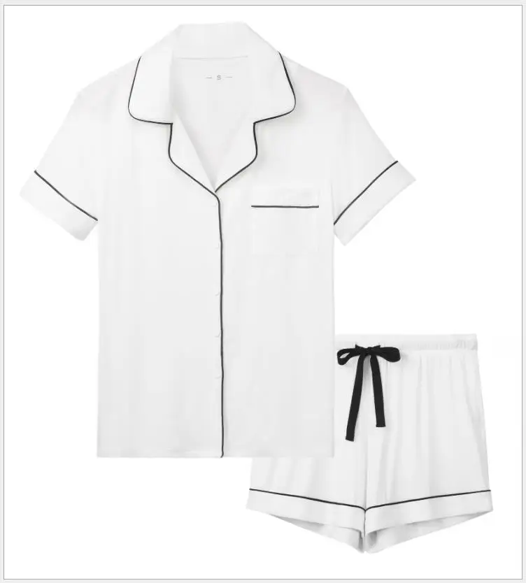 

Women Super Soft Modal Lounge Wear Bamboo &Spandex Short Sleeves Button Top + Drawstring Shorts Pajamas Set, Picture shows