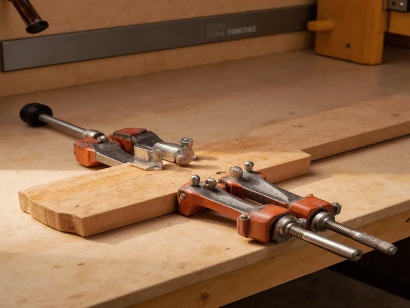 F-style clamps securing wood on workbench