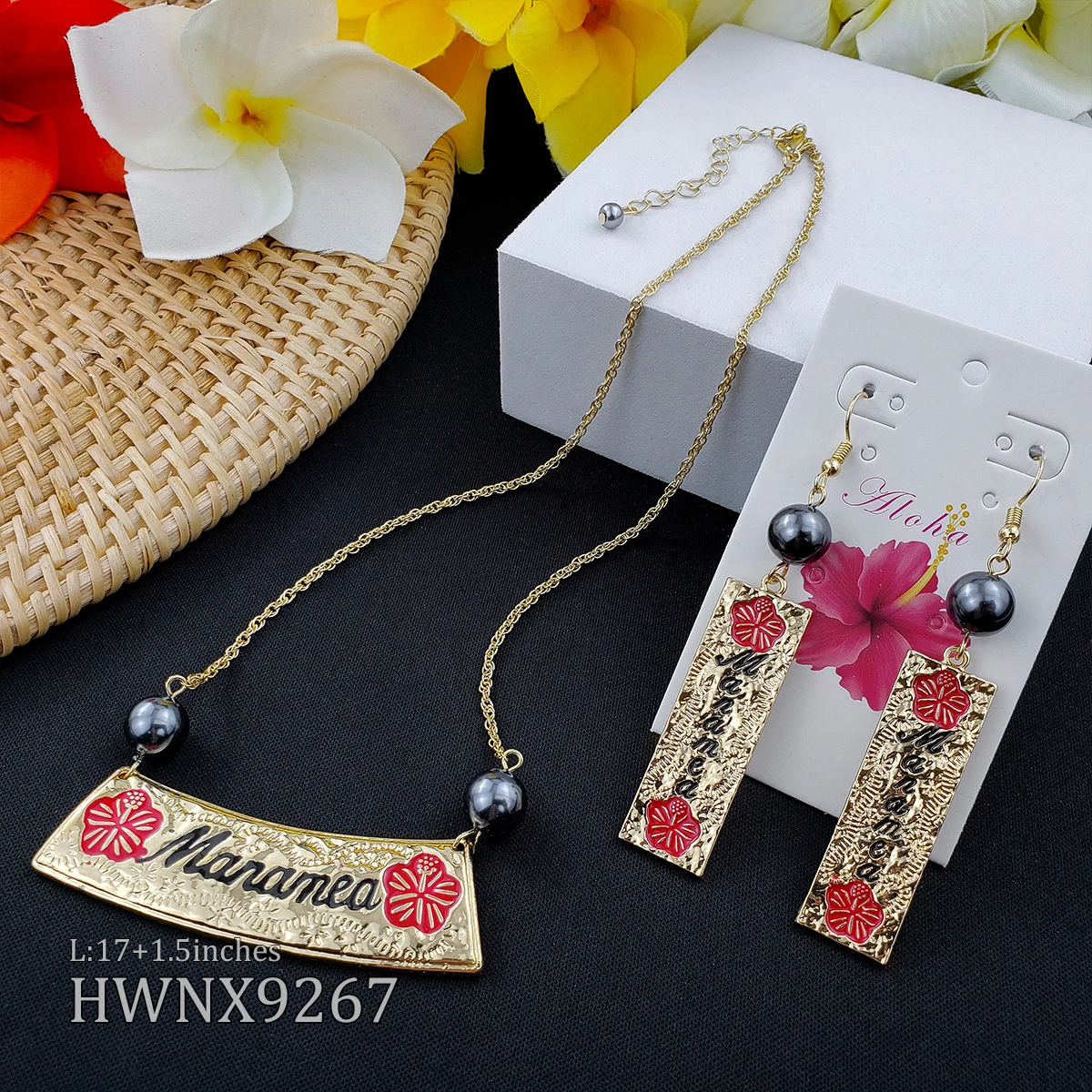 

Shell leaf flower pendant necklace pendant and earrings sets hawaiian polynesian island style 14k gold women jewelry wholesale, Customized color