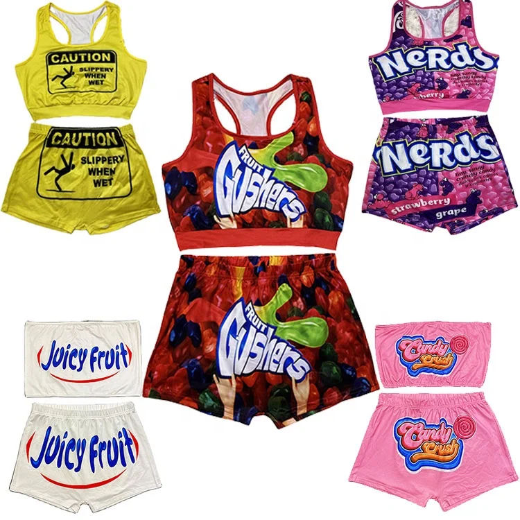 

New arrival cute candy printing biker sportswear two piece snack shorts sets, Accept custom made color