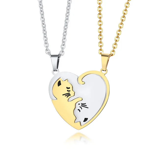 

Couples lover romantic jewelry cat heart shape stainless steel couple 2 puzzle piece necklace for men women lovers bff jewelry