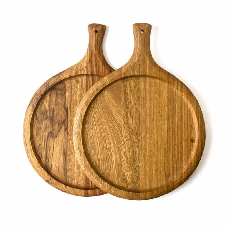

Multi-Function Food Serving Tray Kitchen Tools Creative Wood Pizza Plate With Handle Round Fruit Bread Chopping Cutting Board, Natural