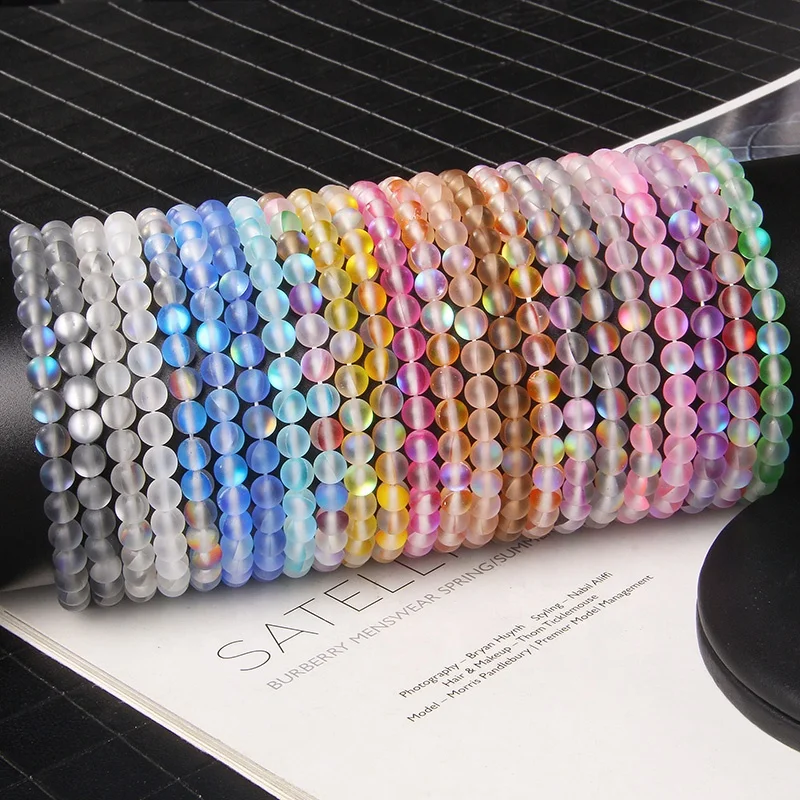 

6mm Matte Glass Stone Beaded Bracelet Imitation Rainbow Moonstone Crystal Healing Quartz Beads Stretch Bracelet Jewelry
