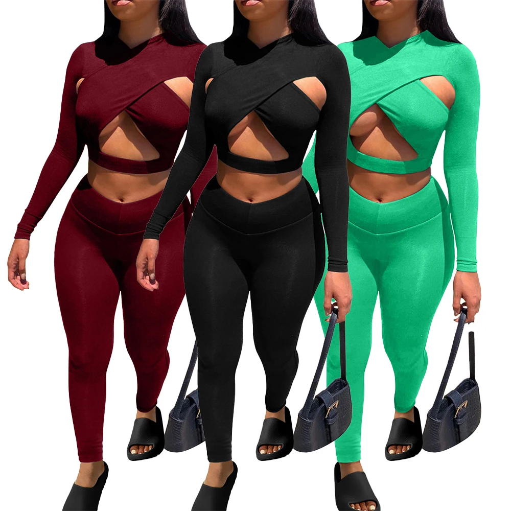 

New arrivals women's clothes two piece set Long-sleeved hollow sexy crop top and skinny pants