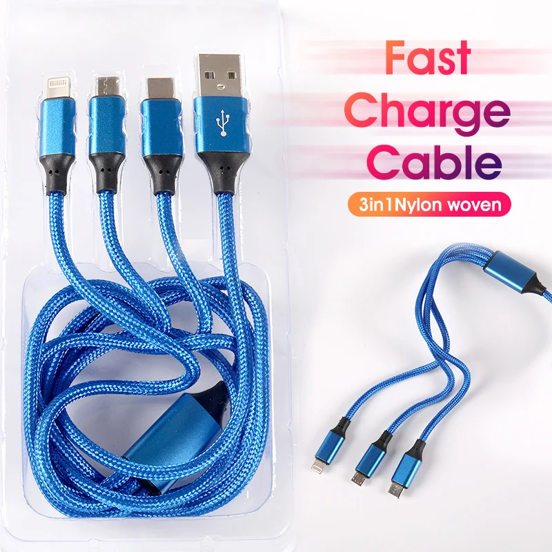 

custom usb 3 in1 type c 3a fast charging data cable mobile phone nylon usb micro charger lightning cable for iphone