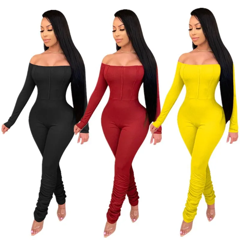 

Free Shipping C10259 - Fashion Fit Off Shoulder Long Sleeve Bodycon Solid Jumpsuit Women