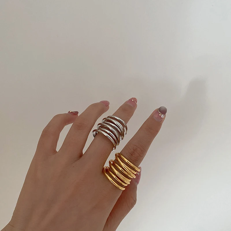 

Fashion Exaggerated Multi-Circle Metal Ring Entangled Geometry Line Wrapped Statement Finger Ring For Women Accessories New, Gold color