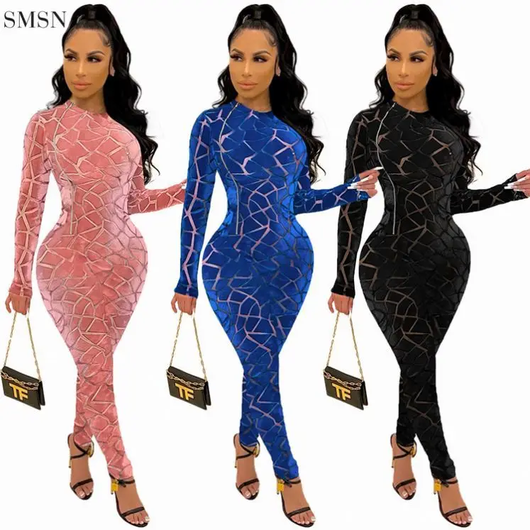 

New Trendy Spider Web Patchwork Long Sleeve Zipper One Piece Jumpsuit Women Bodycon Jumpsuit Long Sleeves Jumpsuit