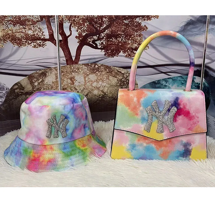 

2021 Trendy Tie dye For NY Bucket hats Women PU ny purse and hats set