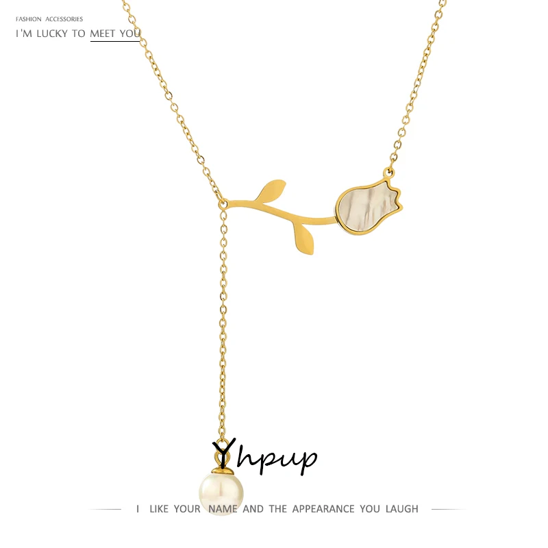 

Yhpup Fashion Tulip Flower Pendant Simulated Pearls Chain Necklace for Women Stainless Steel Collares Jewelry Bijoux Femme 2020