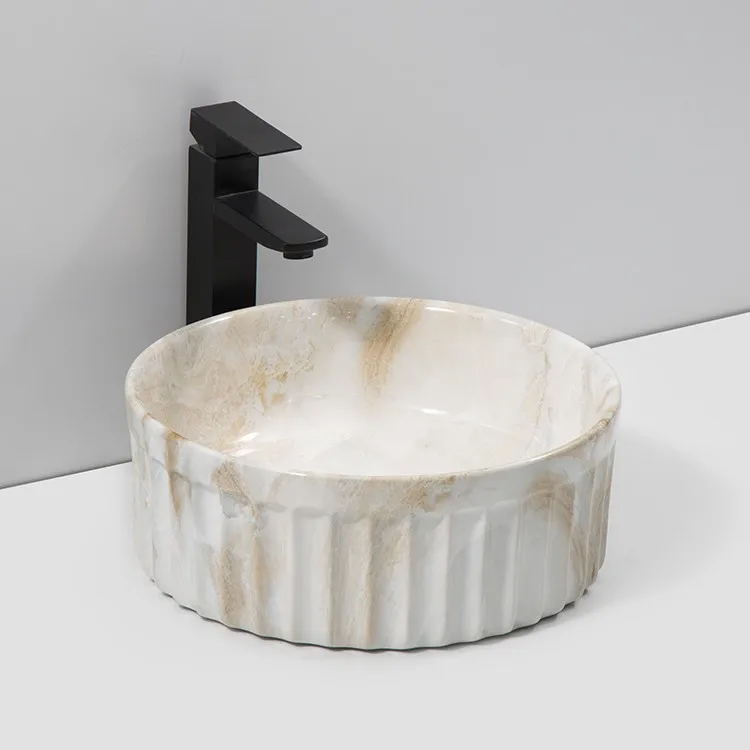 round-marble-bathroom-sink-9743-P-519-side-view-fluted-channels-white-amber-onyx-gloss-surface-light-reflection