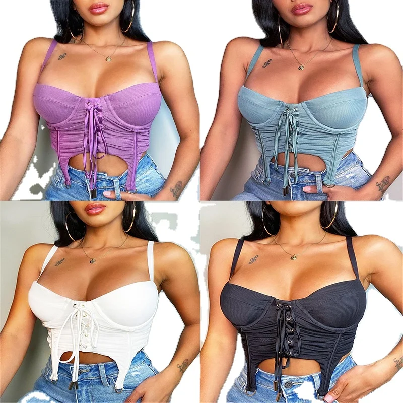 

Summer Clothings 2021 Sleeveless Tank Tops Backless Fashion Hollow-out Party Club Sexy Lace Tie Up Camis Crop Top Women