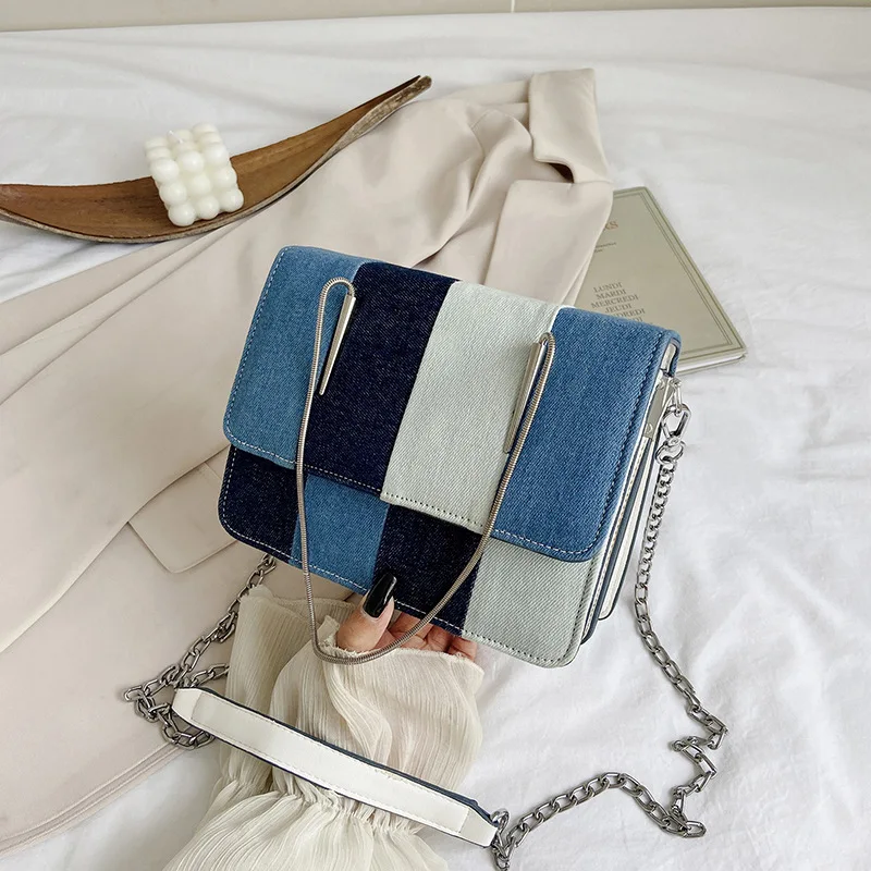 

2021 Small Vintage Women Bags Shoulder Crossbody Designer Denim Contrast Color Chain Square Handbag, Picture show