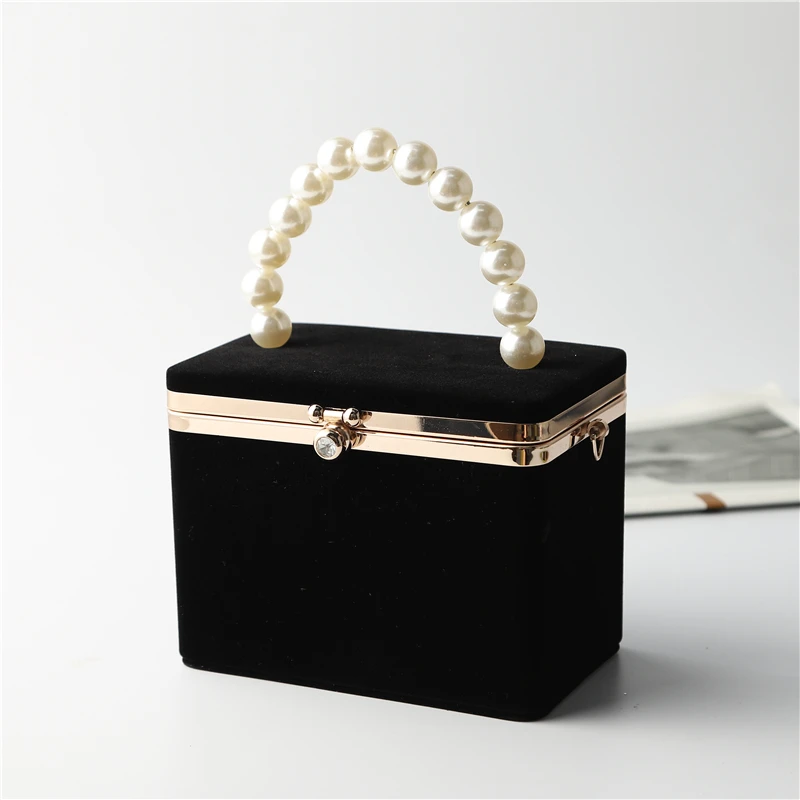 

Luxury Ladies Online Shopping Wedding Pu Velvet Box Bag Elegant Pearl Jewelry Handle Velvet Evening Bag for Party Wedding Bridal, Red/black/royal