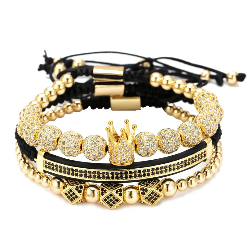 

European Hot Selling Men's Custom Hand Jewelry Adjustable 3Pcs/Set 18K Gold Plating 8mm CZ Balls Royal Crown Bracelet Set