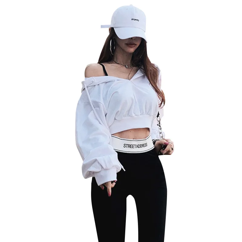 

Embroidery V Neck solid color Hoodie Women Ladies White Crop Top Sweatshirt