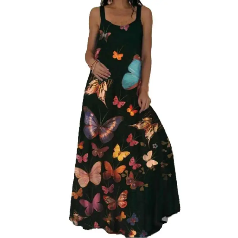

2021 Summer New Large Women's Sling Slim Long Butterfly Print Casual Dress