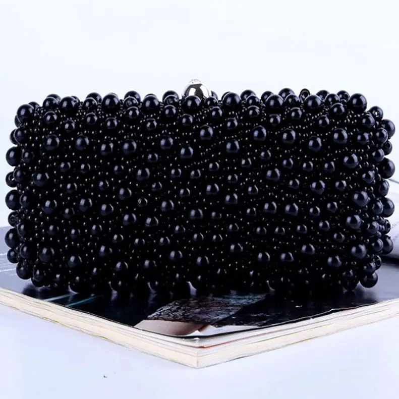 

Women Good Quality Elegant Hand Made Pearl Beaded Evening Clutch Bag Birthday Wedding Party Bags Ladies Clutch Bridal Handbags, Black white beige