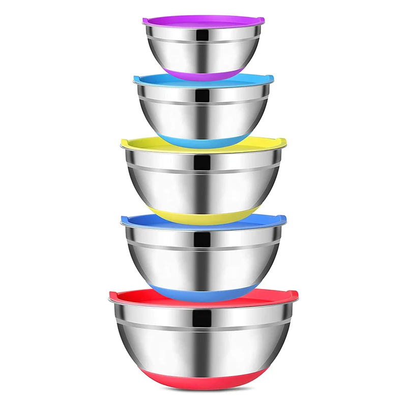 

5pcs Stainless Steel Salad Bowl kitchen cooking Space Saving Storage metal Mixing Nesting Bowls Set with Airtight Lids