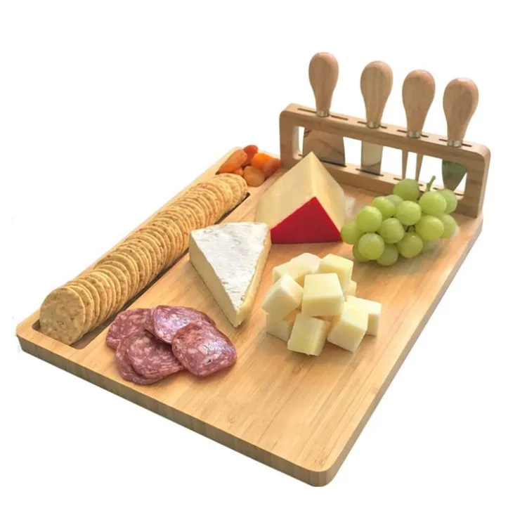 

Wholesale Cheese Board Side Shelve Natural Wooden Cheese Cutting Charcuterie Tray Platter Cheese Board with Cutlery Set, Natural wood color