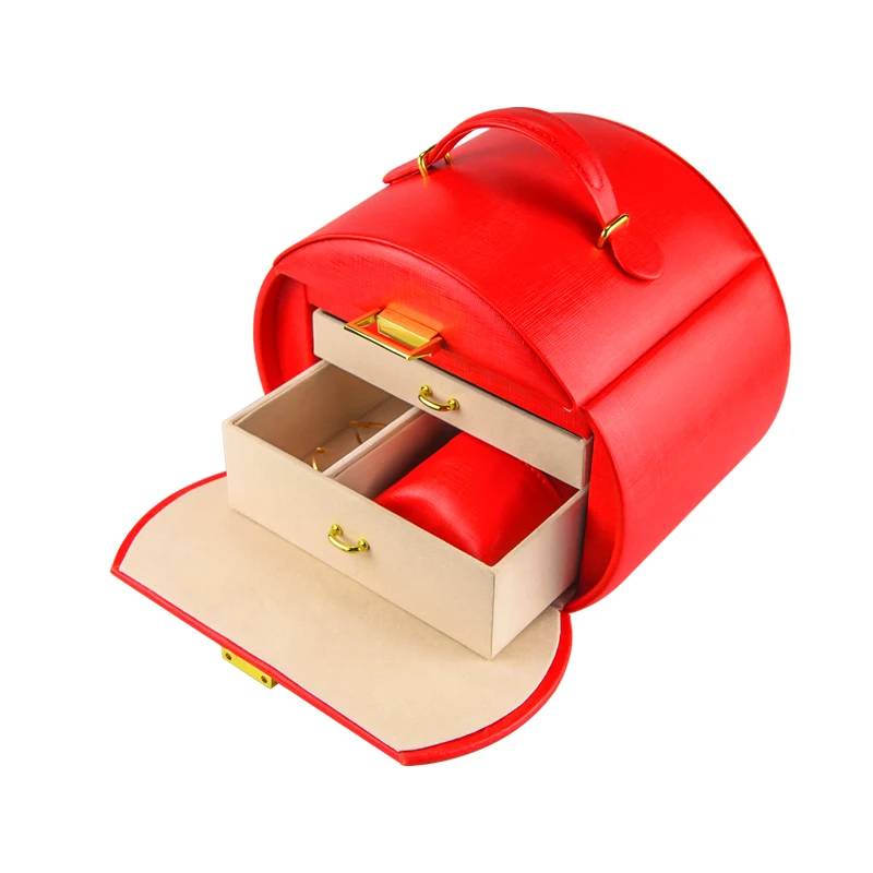 

Best valentine gift high quality leather handmade jewelry storage box large capacity 3 layers jewelry box, Red