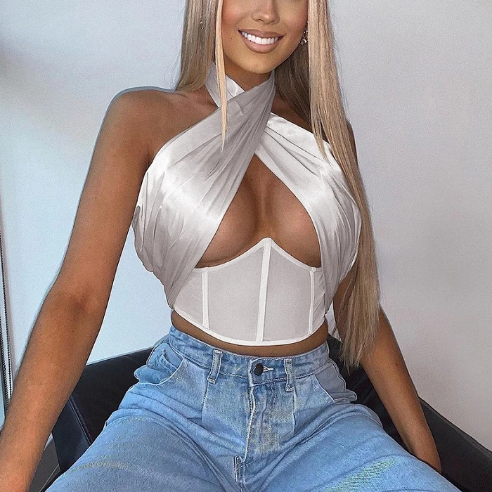 

2021 Spring Women Sexy Pure Color lace Sexy Halter Cross Strap Crop Tops Wrapped Chest Tube Tops Nigh Club Party Hot Wear