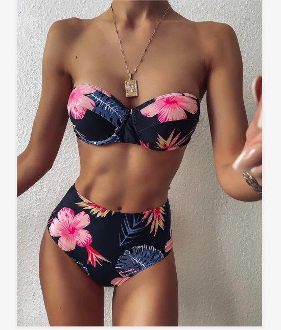 

2020 Woman Bikini For Sexy Girl Flora Print with Strapless Bathing Suit for Woman With Wire Swimwear Push Up Ladies Polyester, Picture