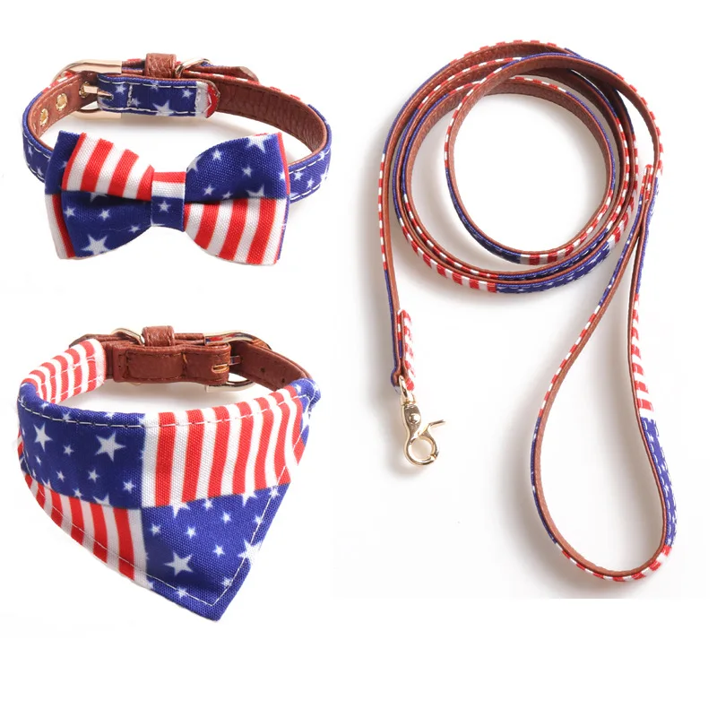 

Wholesale Product American Flag Three-Piece Bow Triangle Set Pet Collars Leashes Leather Pet Collars Hot Sale Set