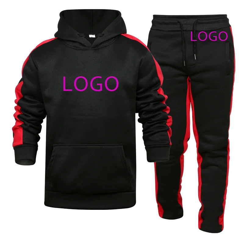 

10Custom logo in stock Low MOQ cotton polyester black track suit men hoodie and jogger set men outfits, Custom color