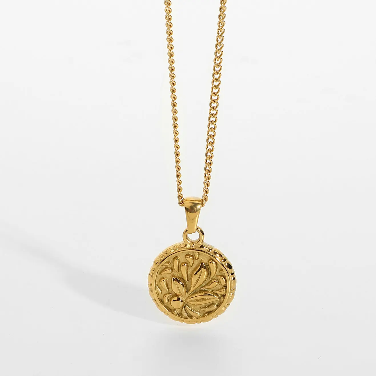 

18K Gold Plated Stainless Steel Flower Coin Pendant Medallion Necklace Stackable Choker Jewelry