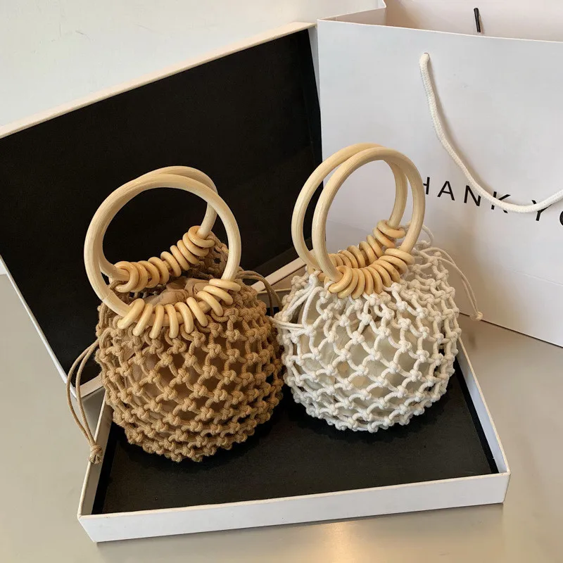 

2021 Fashion cotton rope drawstring opening round handle woven mini bucket purse and handbags women summer beach bags, 2 colors