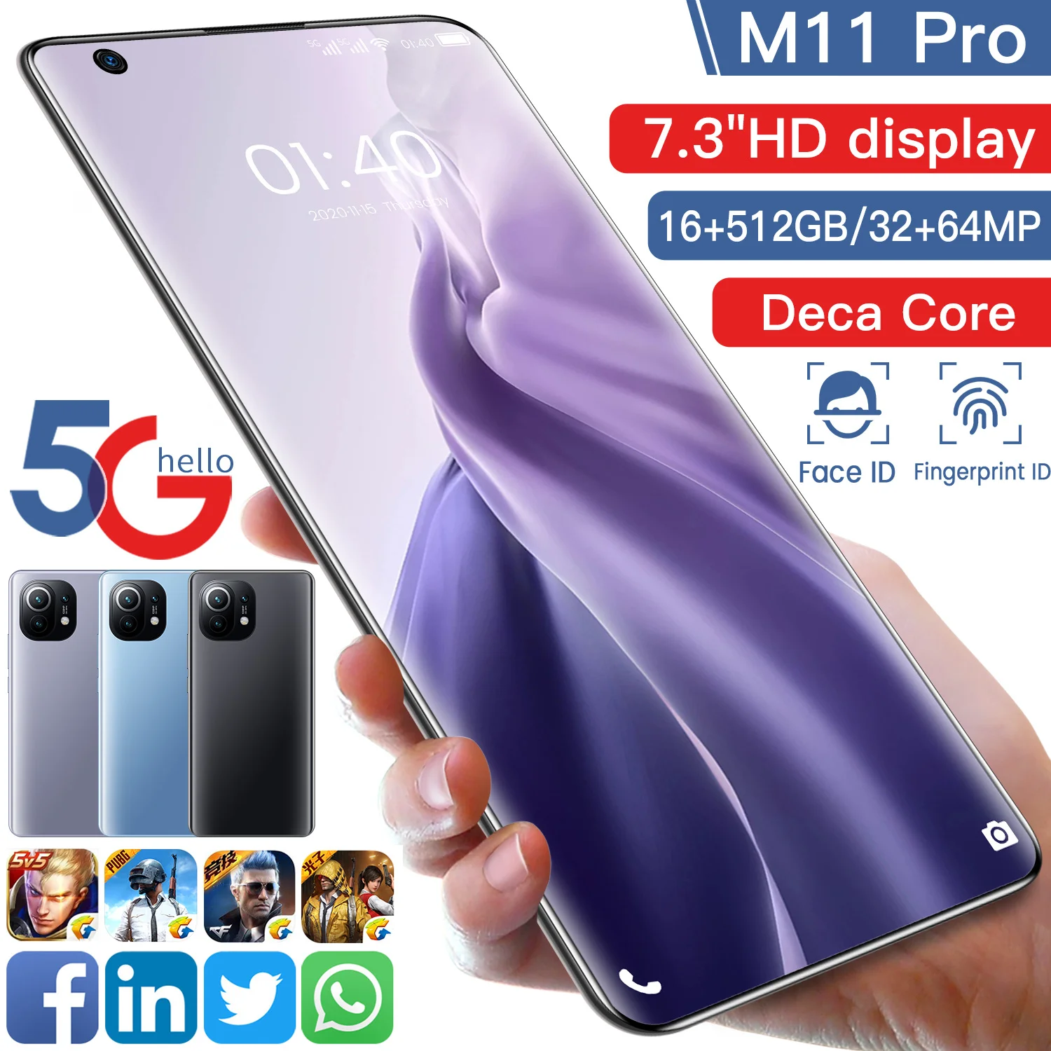 

Hot Selling M11 Pro 7.3 Inch 16GB+512GB Supports Smart Wake-up Face Recognition Screen Fingerprint Dual SIM Card 5G Smartphone, Black /blue /purple