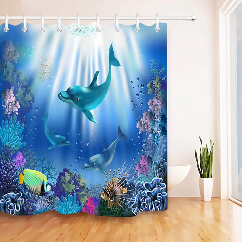 

Amazon hot sea fish digital printing polyester shower curtain waterproof bathroom