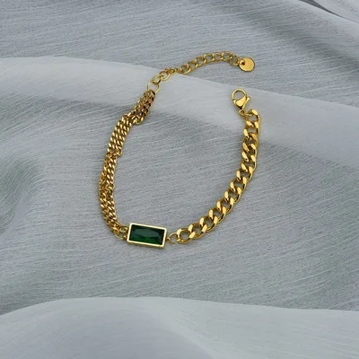 

Fashion Stainless Steel Link Chain Emerald Charm Bracelet Square Green Crystal Cubic Zircon Bracelet