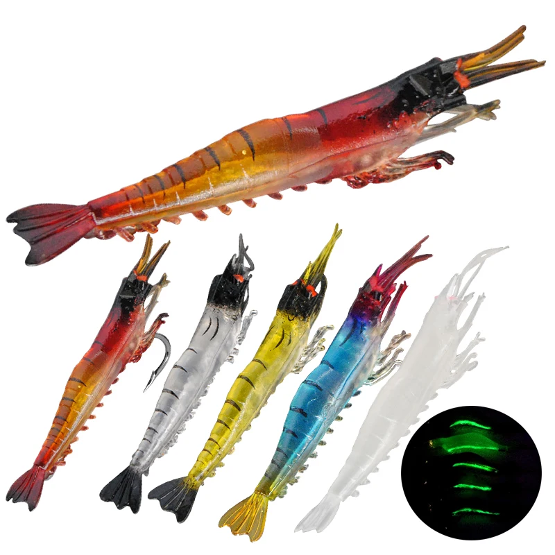 

Wholesale 90mm 3.8g luminous fishing Tackle plastic rubber soft lure bait shrimp lures salt water prawn lure, 5 colors