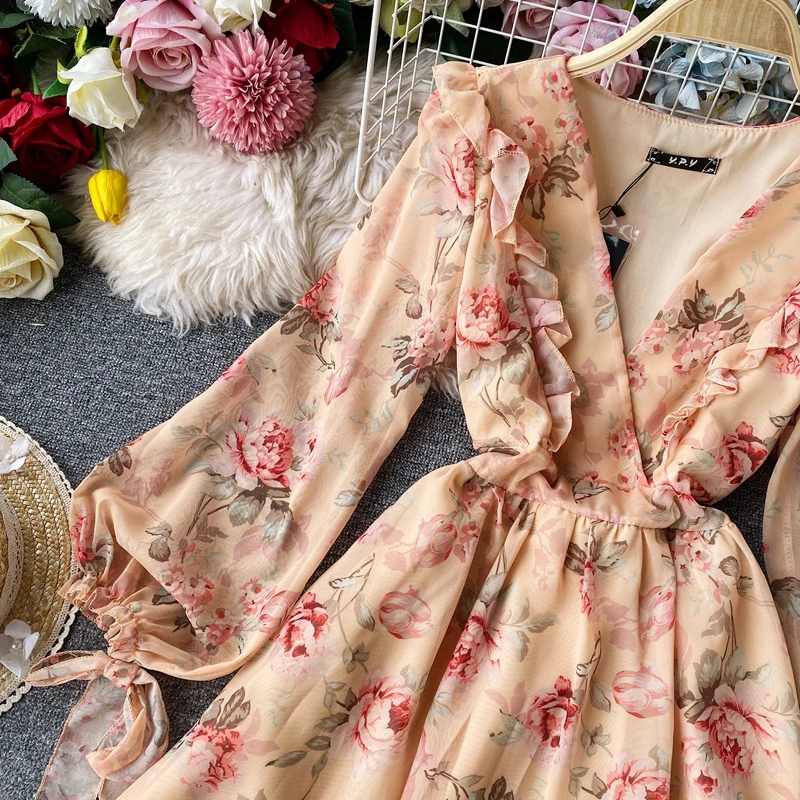 

2021 southeast asia korea long dress elegant evening party midi long sleeve v neck flowers printing causal summer floral dresses, Flower