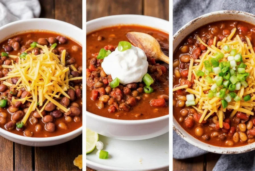 Various serving styles of chili bean recipes with toppings like sour cream, cheese, and green onions