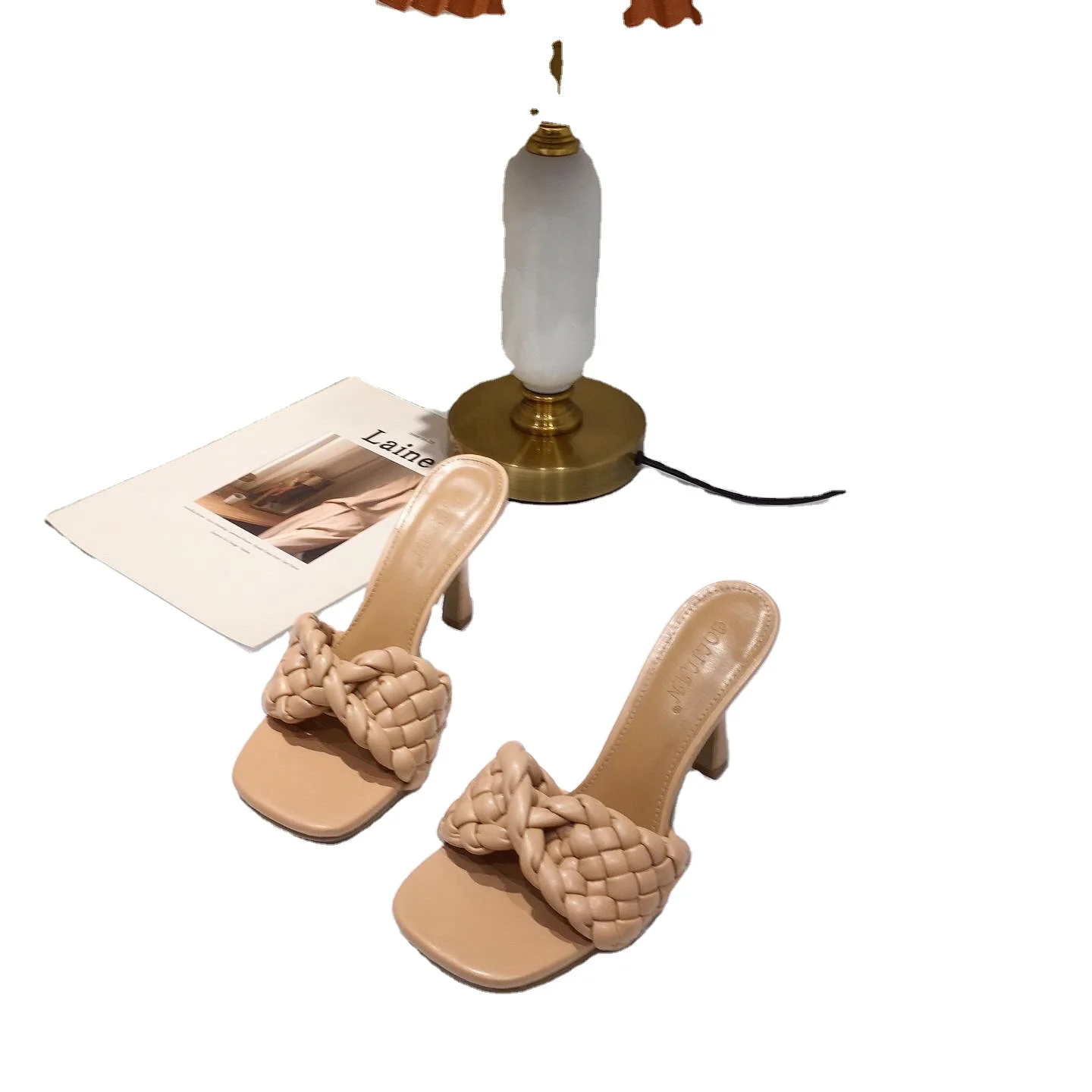 

2021 New foreign trade Brand Slippers Weave Leather Square Toe high-heeled Casual Slides Summer high-heeled Slides, Customized color