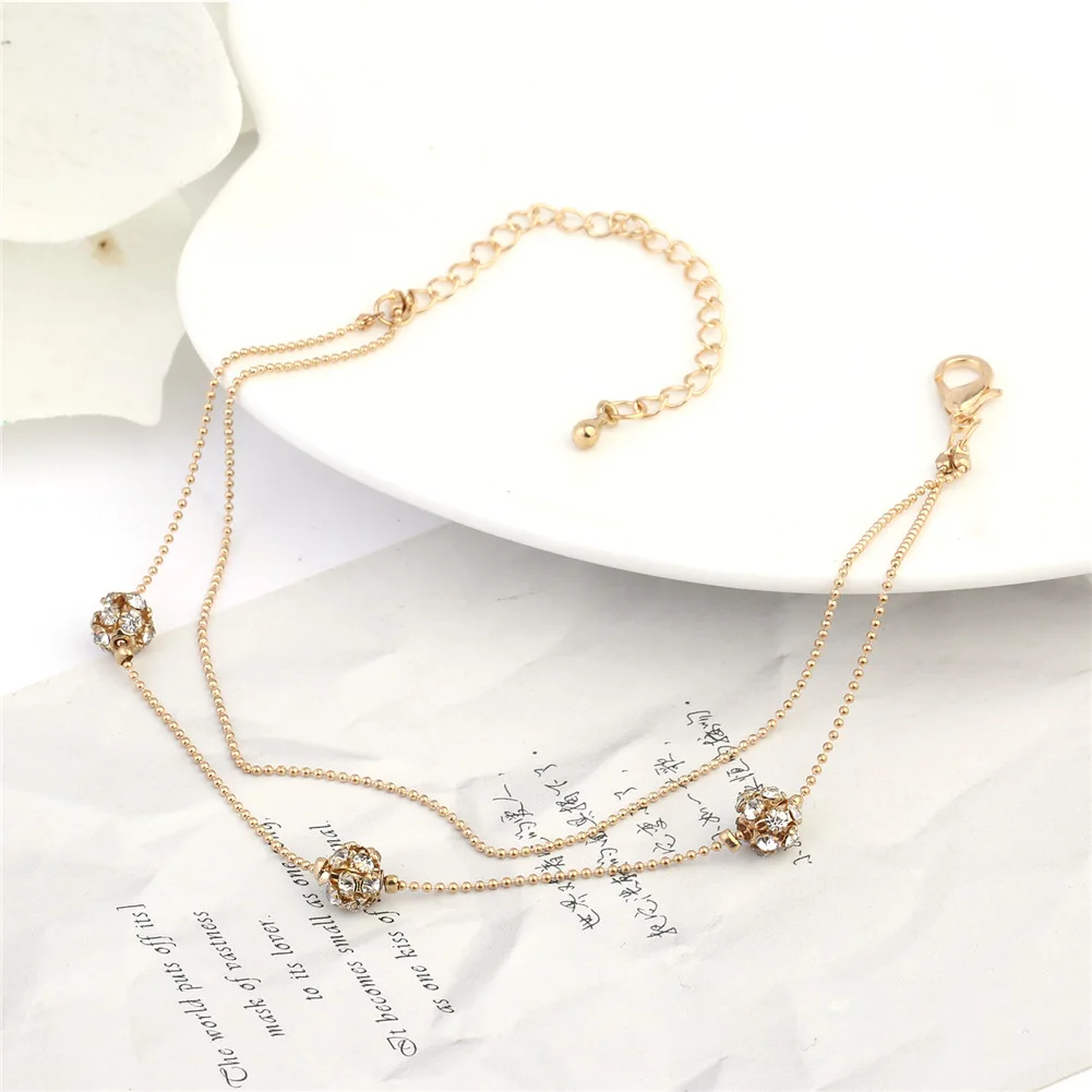 

2021 Beach Multi-layer 14K Gold Plated Crystal Ball Anklet Layered Diamond Geometric Barefoot Bracelet