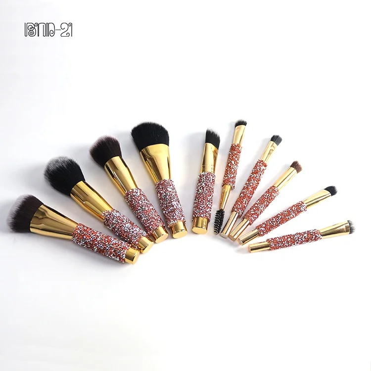 

High End Wood Handle 10pcs Rhinestone Makeup Brush Set Foundation Brush, Champagne