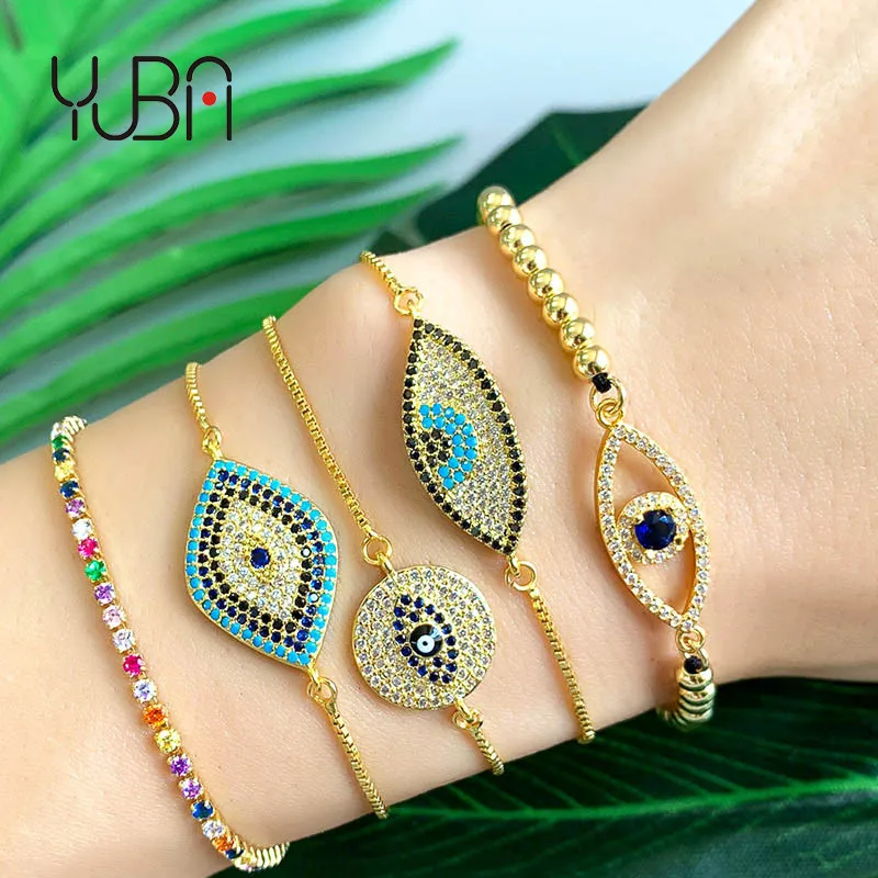 

Valentine's Day Gift 18k Gold Chain Rainbow Evil Eyes Bracelet Copper Bead Geometric Cz Eyes Charm Bracelet For Girlfriend, As picture