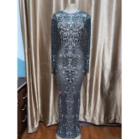 

Mesh See Through Sparkly Crystals Long Dress Evening Party Rhinestones Dresses Birthday Celebrate Costume Fringes Dress