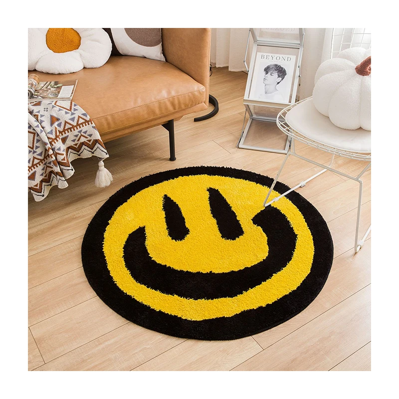 Black Yellow smiley Face Mat Flocking Jacquard Cartoon Thick Bedroom Mat
